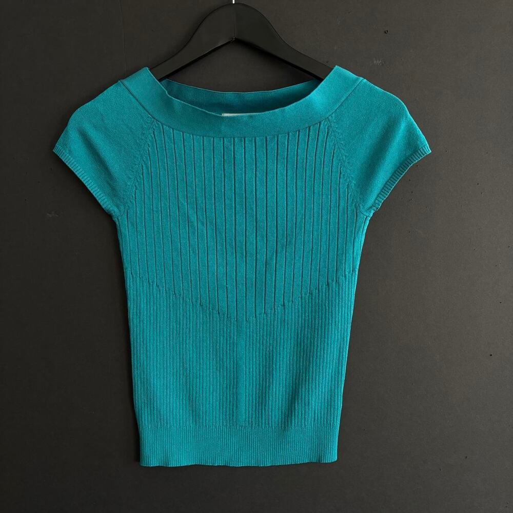 VTG Y2K Nine & Company Turquoise Ribbed Knit Fall Top - Size S